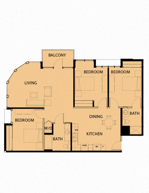 Floor plan for 3 beds, 2 baths, 1283 sqft